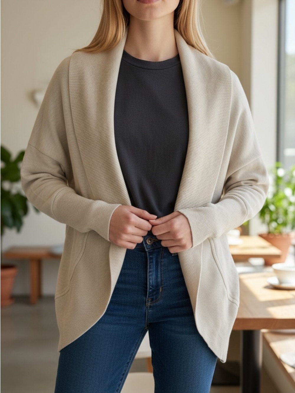 Wilfred Cream Open-Front Shawl Collar Cardigan